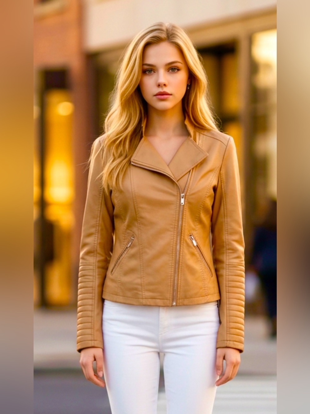 Women's Tan Asymmetric Pu Leather Zip Moto Jacket